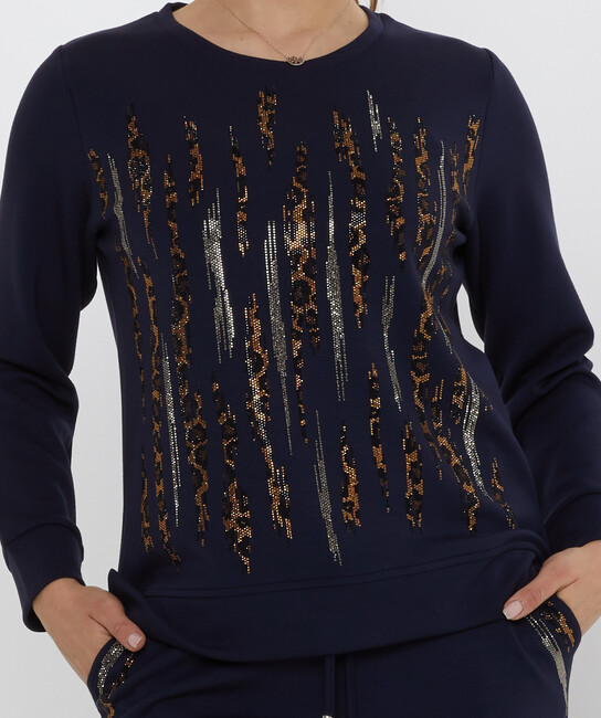 Women's Tracksuit Set with Stone Detailed Pockets Navy Blue - 17886 | KAZEE - Thumbnail