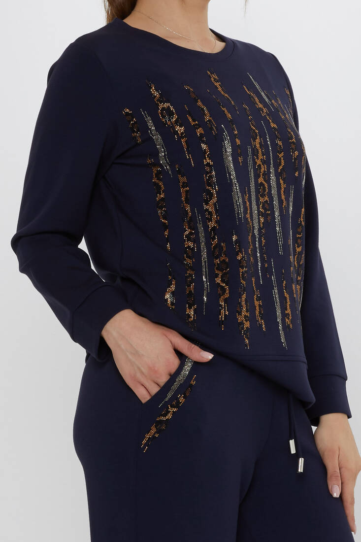 Women's Tracksuit Set with Stone Detailed Pockets Navy Blue - 17886 | KAZEE