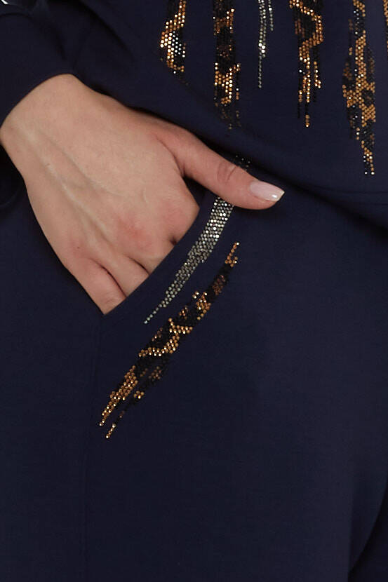 Women's Tracksuit Set with Stone Detailed Pockets Navy Blue - 17886 | KAZEE