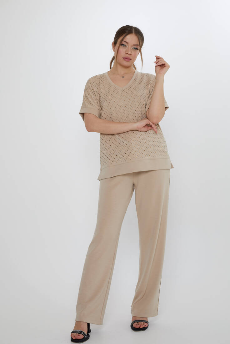 Women's Tracksuit Stone Detailed Beige - 17867 | KAZEE