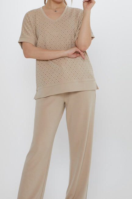 Women's Tracksuit Stone Detailed Beige - 17867 | KAZEE - Thumbnail