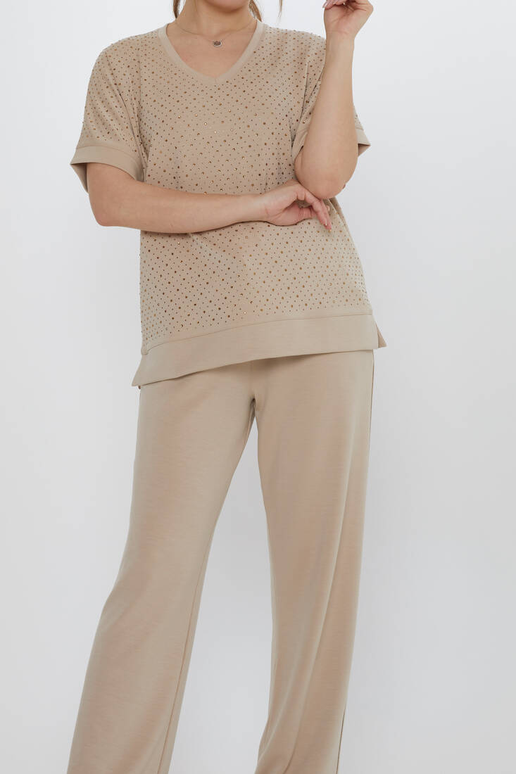 Women's Tracksuit Stone Detailed Beige - 17867 | KAZEE