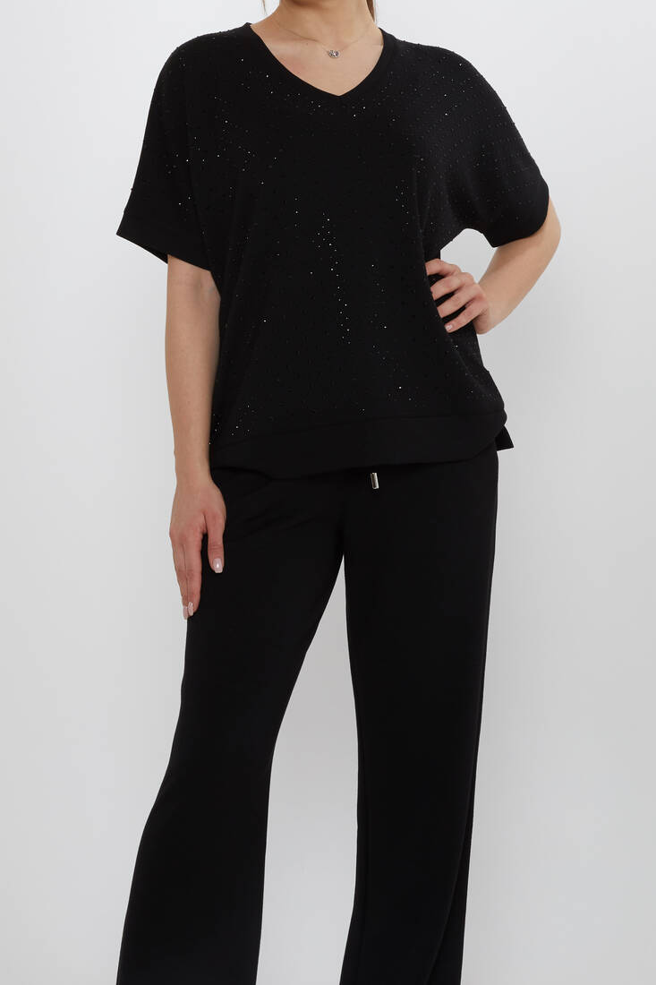 Women's Tracksuit Stone Detailed Black - 17867 | KAZEE
