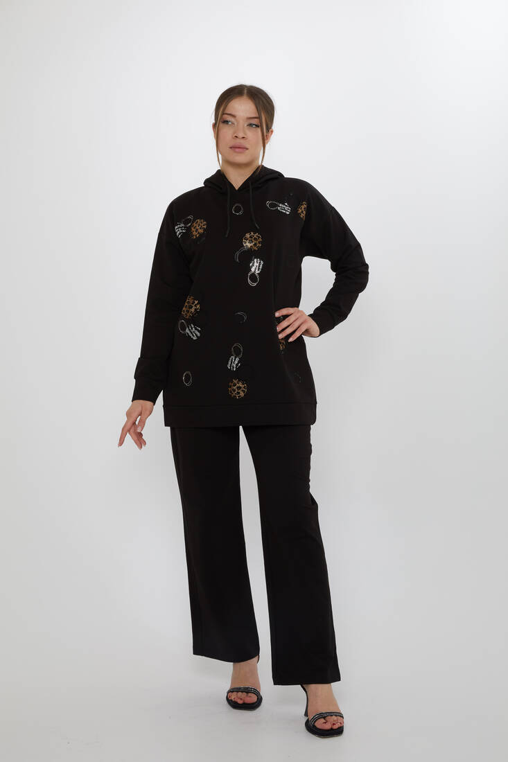 Women's Tracksuit Stone Detailed Black - 17898 | KAZEE