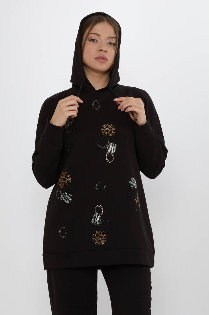 Women's Tracksuit Stone Detailed Black - 17898 | KAZEE