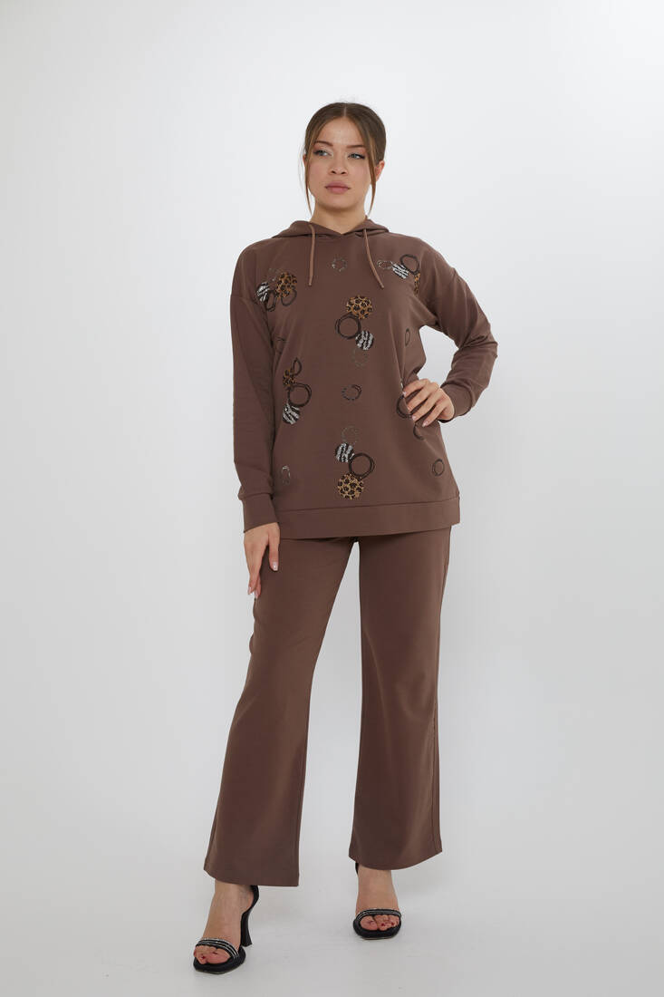Women's Tracksuit Stone Detailed Brown - 17898 | KAZEE