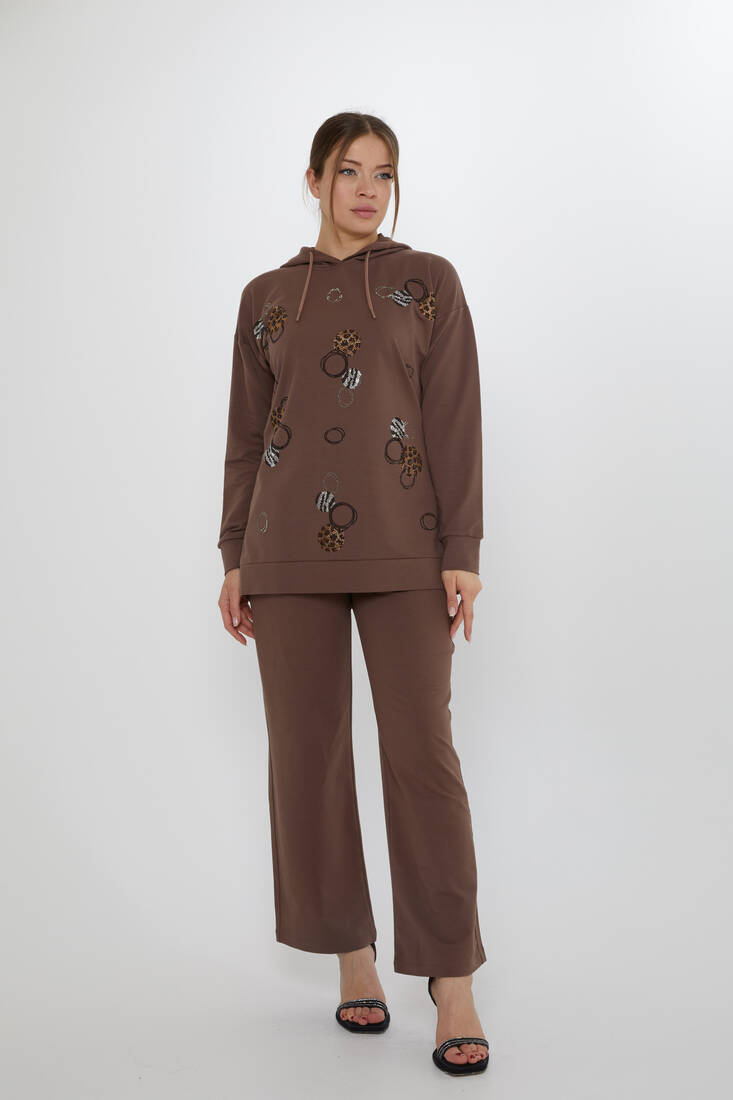 Women's Tracksuit Stone Detailed Brown - 17898 | KAZEE