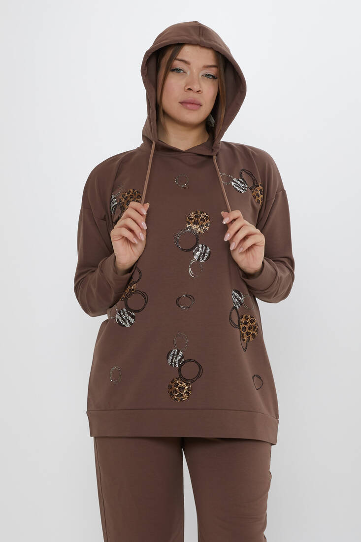 Women's Tracksuit Stone Detailed Brown - 17898 | KAZEE