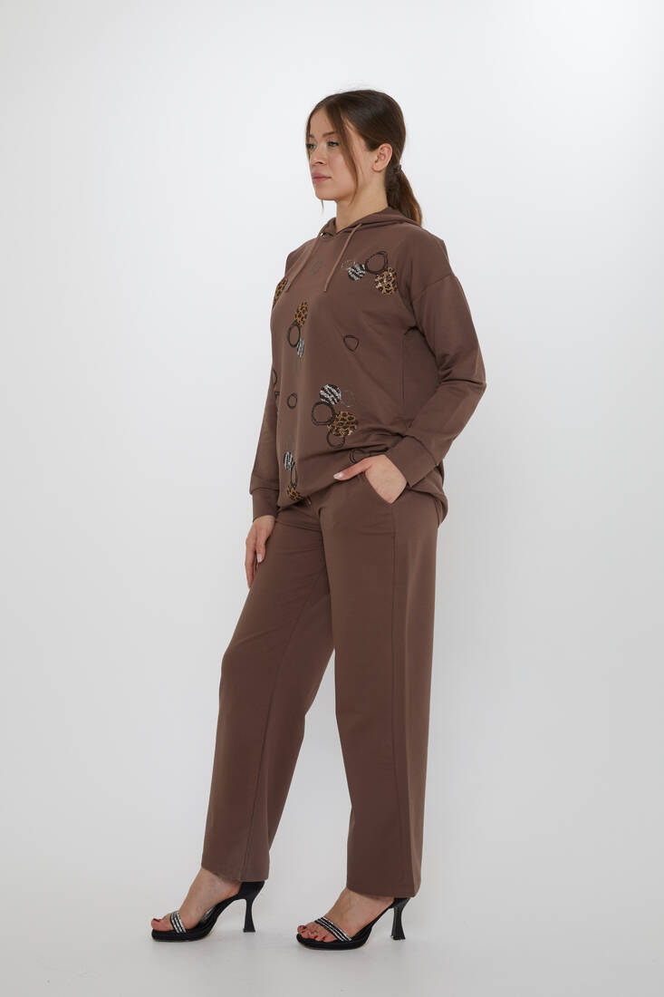 Women's Tracksuit Stone Detailed Brown - 17898 | KAZEE