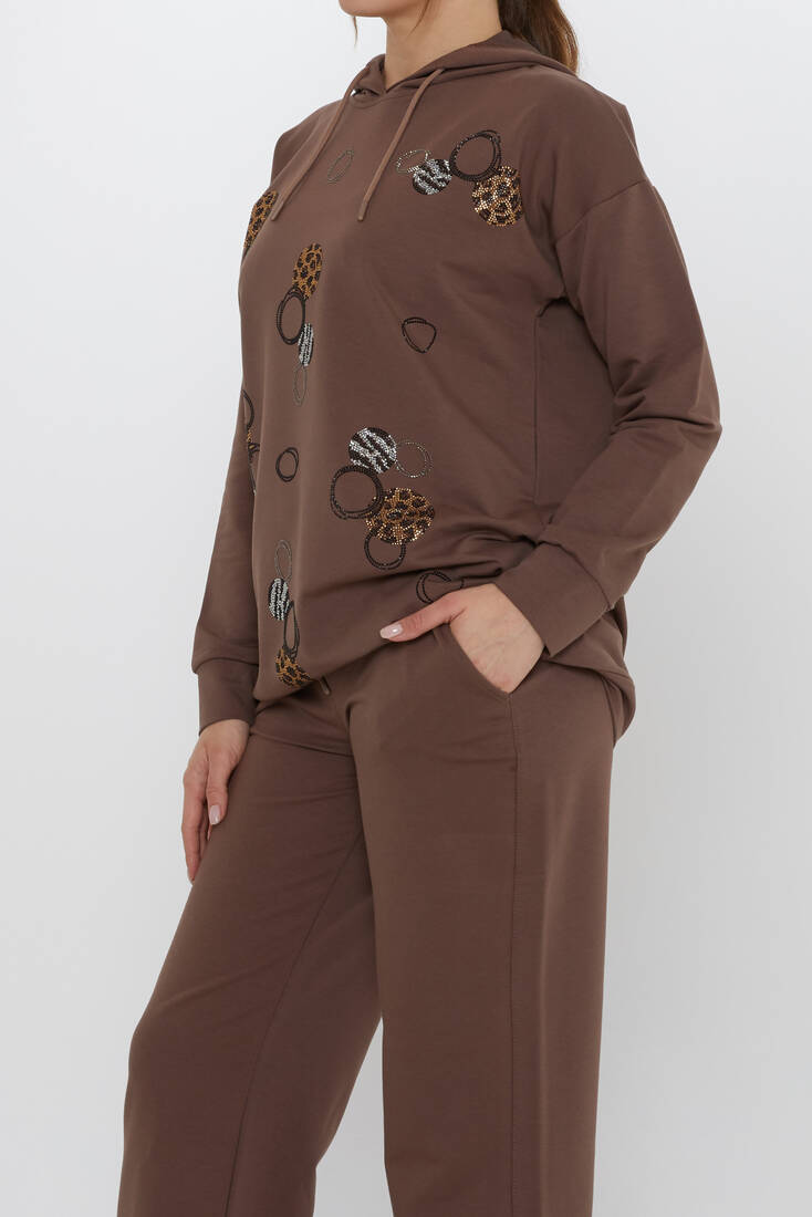 Women's Tracksuit Stone Detailed Brown - 17898 | KAZEE
