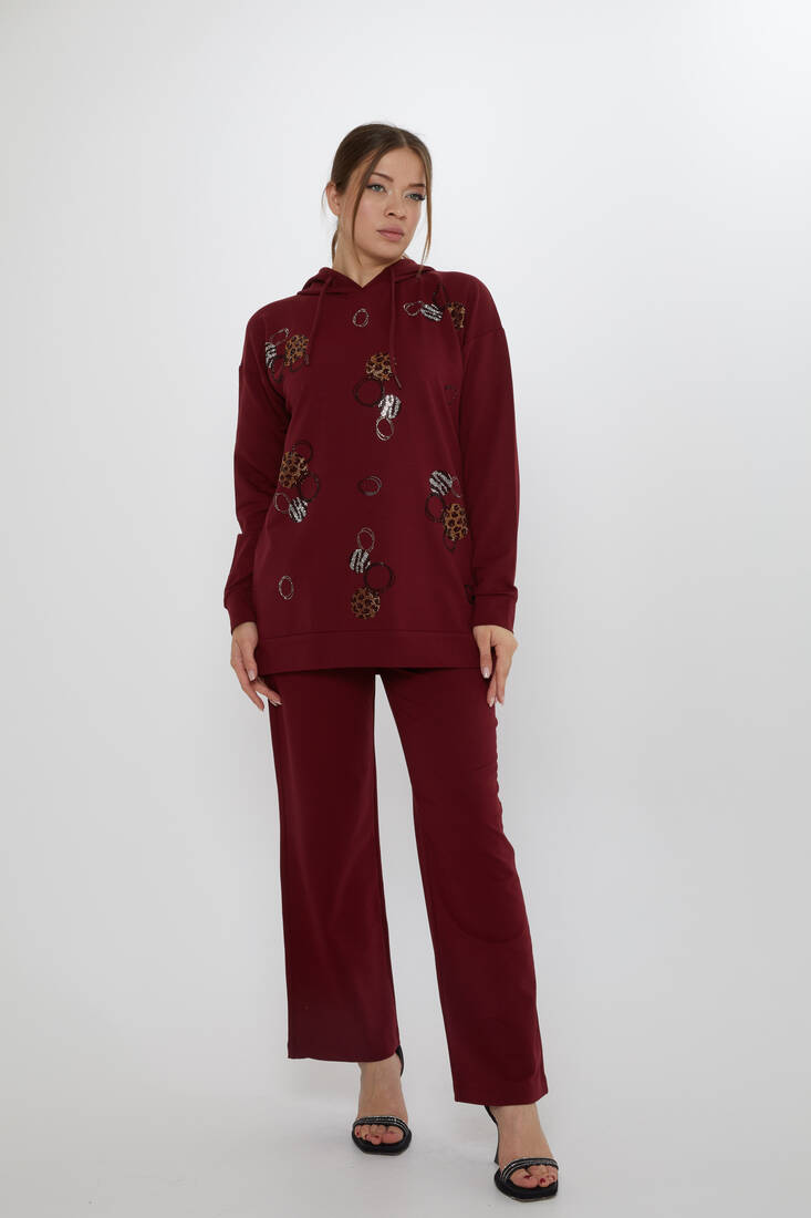 Women's Tracksuit Stone Detailed Claret Red - 17898 | KAZEE