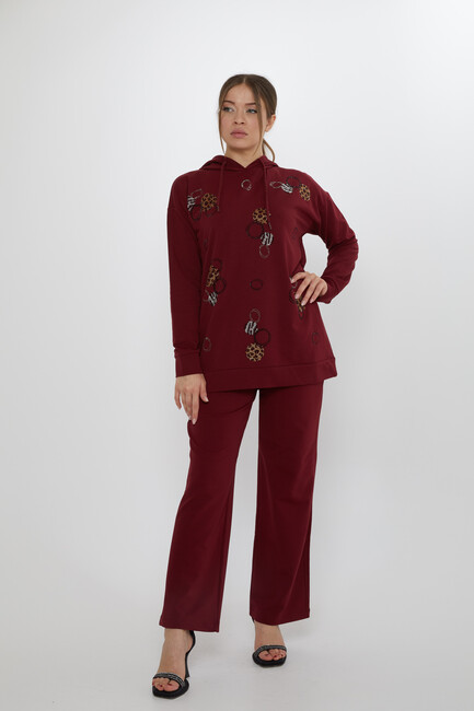 Women's Tracksuit Stone Detailed Claret Red - 17898 | KAZEE - Thumbnail