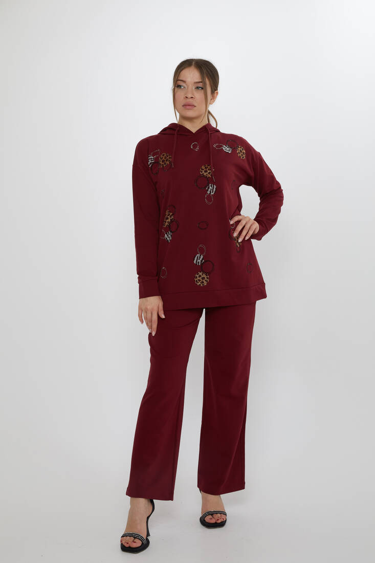 Women's Tracksuit Stone Detailed Claret Red - 17898 | KAZEE