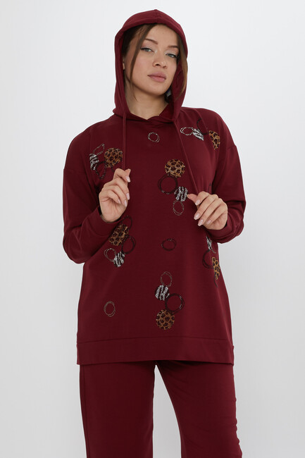 Women's Tracksuit Stone Detailed Claret Red - 17898 | KAZEE - Thumbnail