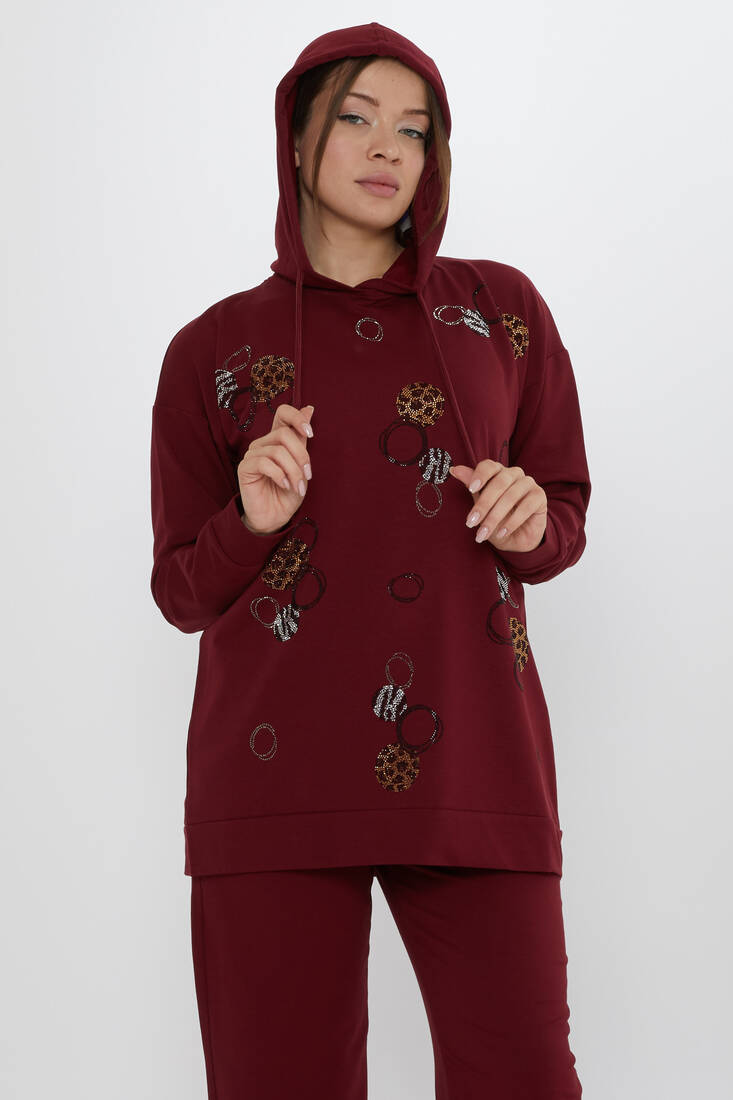 Women's Tracksuit Stone Detailed Claret Red - 17898 | KAZEE