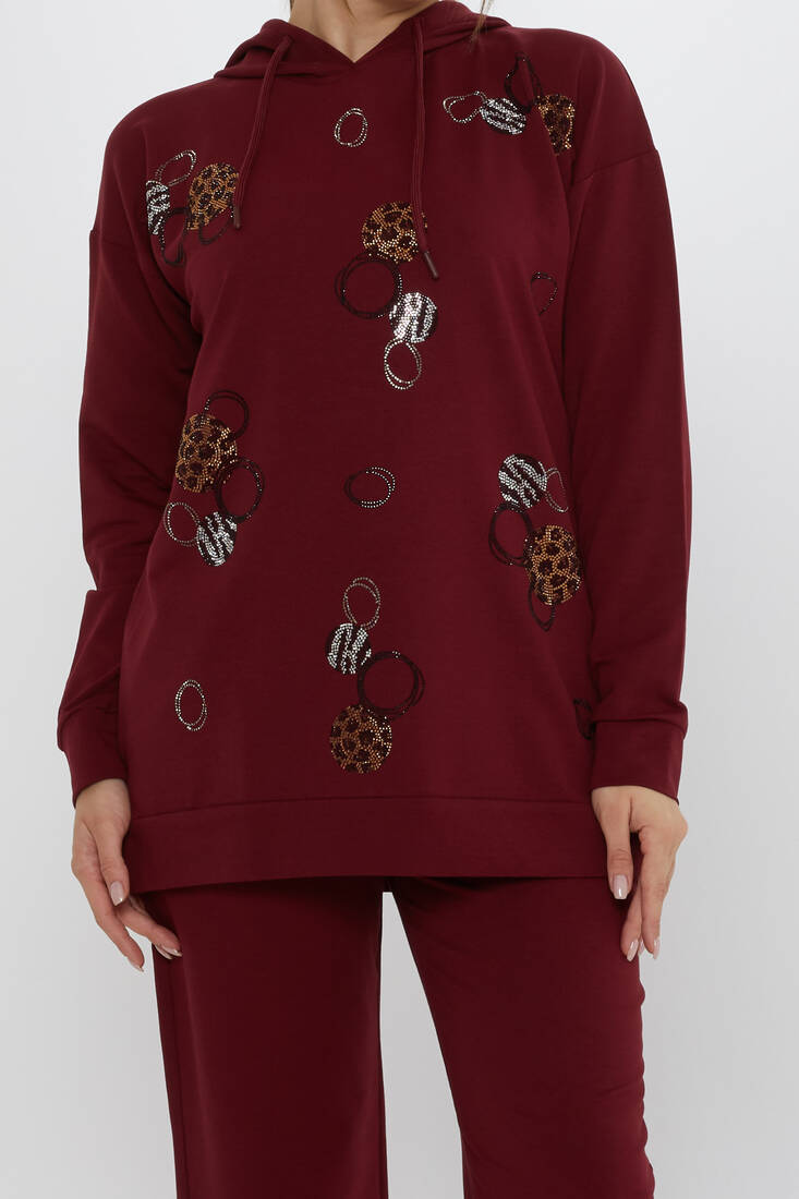 Women's Tracksuit Stone Detailed Claret Red - 17898 | KAZEE