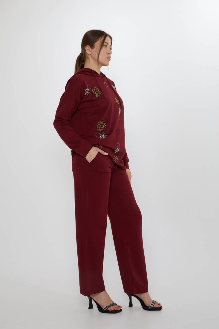 Women's Tracksuit Stone Detailed Claret Red - 17898 | KAZEE