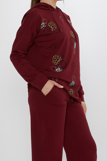 Women's Tracksuit Stone Detailed Claret Red - 17898 | KAZEE - Thumbnail