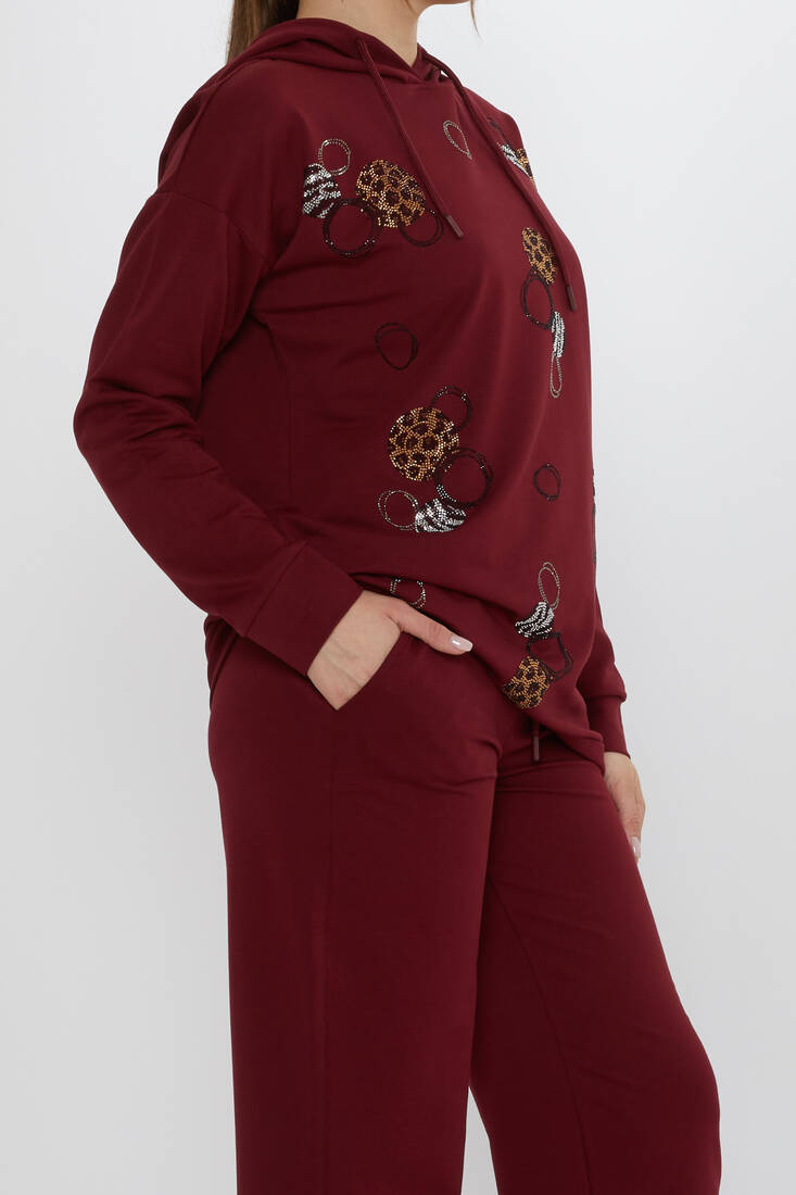 Women's Tracksuit Stone Detailed Claret Red - 17898 | KAZEE