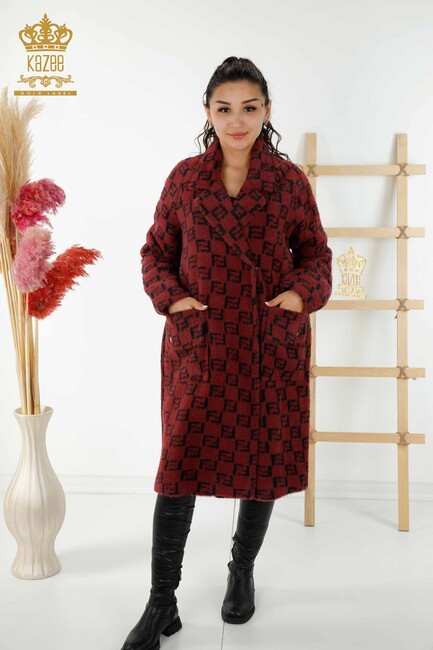 женское пальто с карманами и деталями бордово-красный - 19089 | КАZЕЕ - Thumbnail