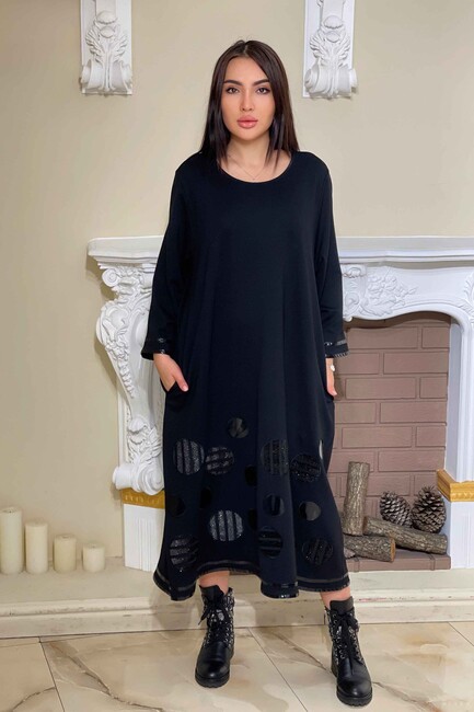 Женское платье с карманами, черное, детализированное - 7583 | КАZЕЕ - Thumbnail