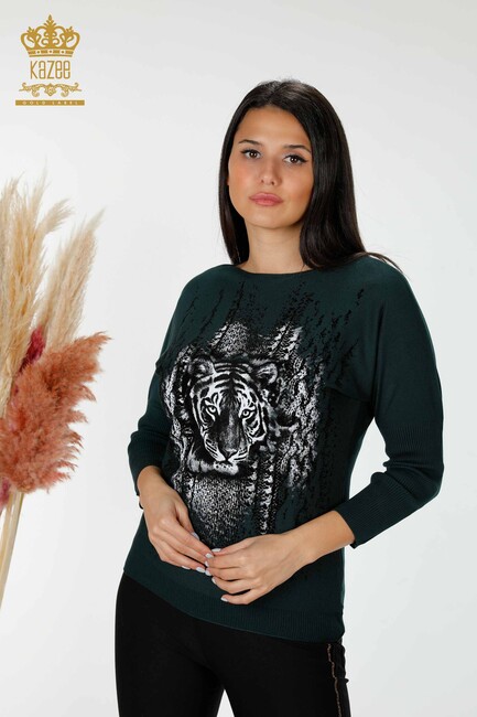 Женский трикотаж Свитер с изображением тигра Темно-зеленый - 15292 | КАZЕЕ - Thumbnail