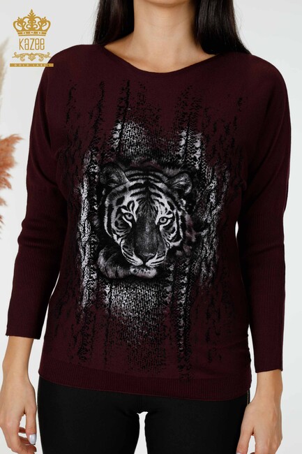 Женский трикотажный свитер с изображением тигра цвета сливы - 15292 | КАZEE - Thumbnail