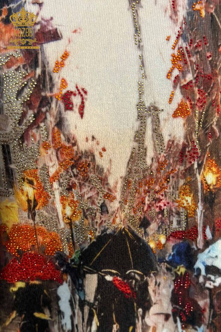 женский вязаный свитер бежевый с цифровым принтом - 18972 | КАZЕЕ