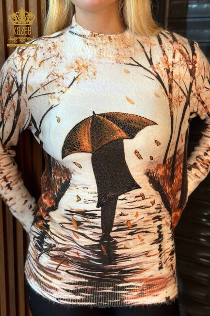 Женский вязаный свитер с цифровой печатью цвета экрю - 18928 | КАZЕЕ - Thumbnail