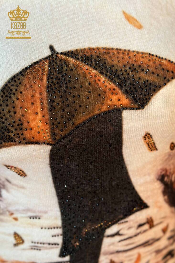 Женский вязаный свитер с цифровой печатью цвета экрю - 18928 | КАZЕЕ