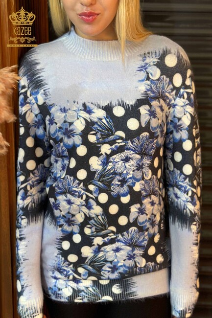 Женский трикотажный свитер с цифровой печатью Синий - 18922 | КАZЕЕ - Thumbnail