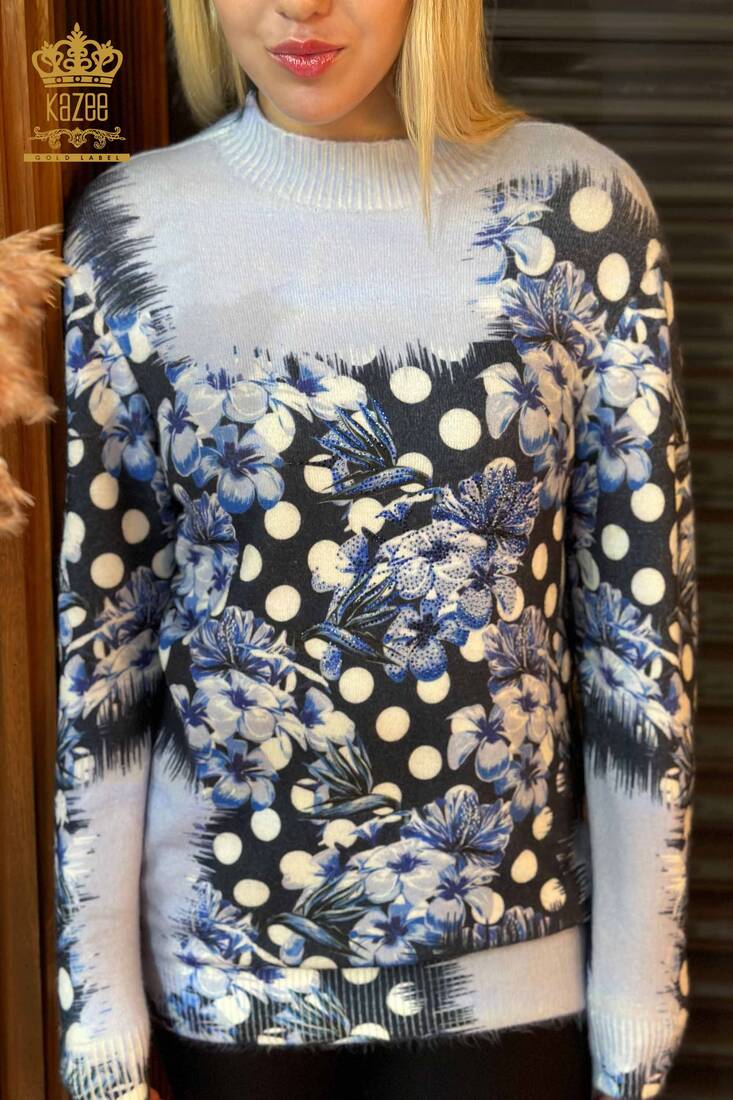 Женский трикотажный свитер с цифровой печатью Синий - 18922 | КАZЕЕ