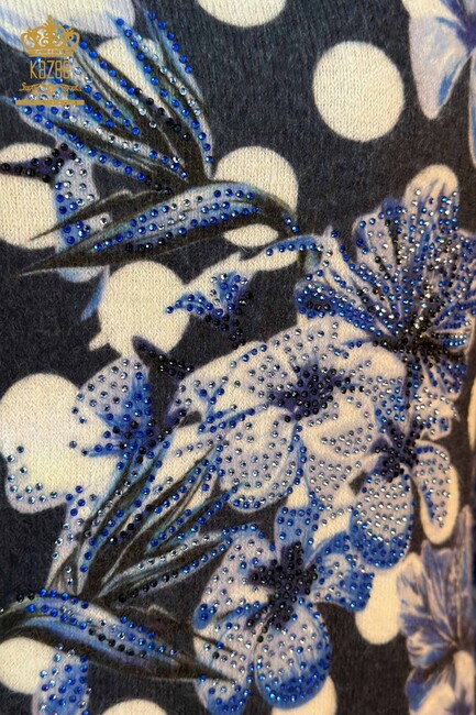 Женский трикотажный свитер с цифровой печатью Синий - 18922 | КАZЕЕ - Thumbnail
