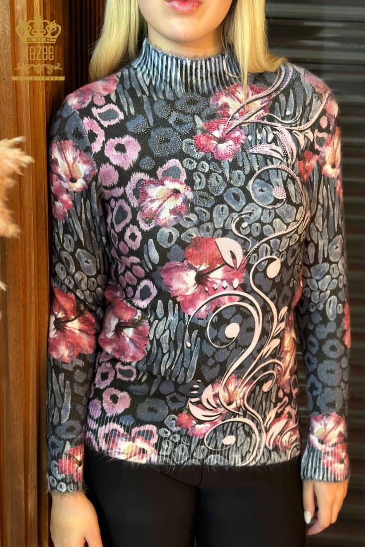 Женский трикотажный свитер с цветочным принтом темно-синий - 18971 | КАZЕЕ