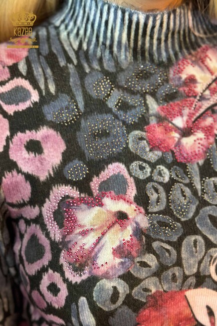 Женский трикотажный свитер с цветочным принтом темно-синий - 18971 | КАZЕЕ - Thumbnail