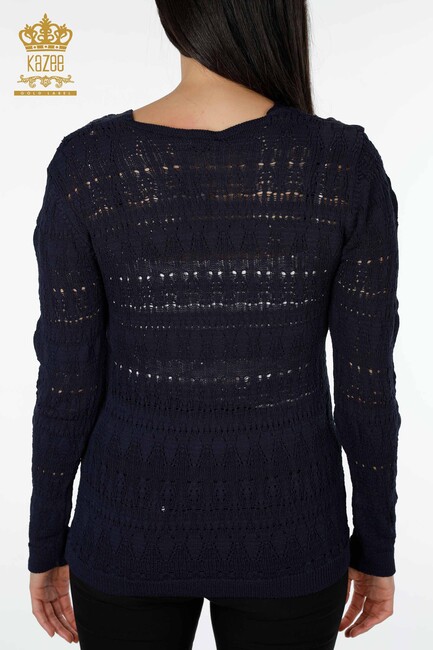 Женский трикотажный свитер с V-образным вырезом темно-синий - 14853 | КАZЕЕ - Thumbnail
