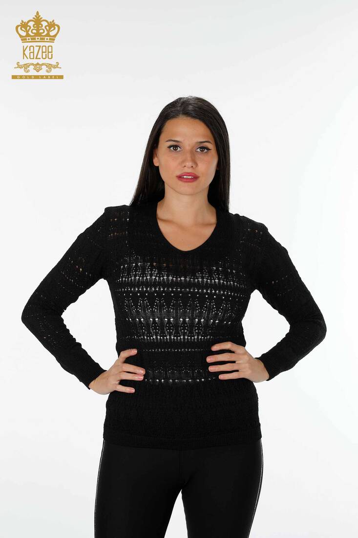 Женский трикотажный свитер с V-образным вырезом черный - 14853 | КАZЕЕ