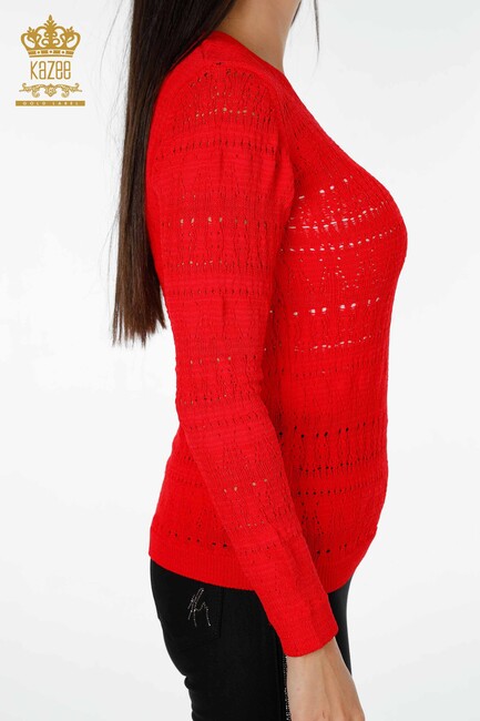 Женский трикотажный свитер с V-образным вырезом красный - 14853 | КАZЕЕ - Thumbnail