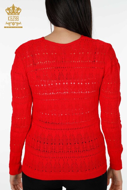 Женский трикотажный свитер с V-образным вырезом красный - 14853 | КАZЕЕ - Thumbnail