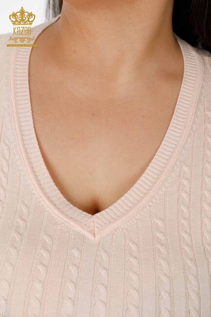 Женский трикотаж Пудровый свитер с V-образным вырезом - 15302 | КАZЕЕ - Thumbnail