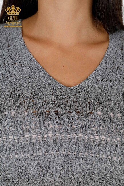 Женский трикотажный свитер с V-образным вырезом серый - 14853 | КАZЕЕ - Thumbnail