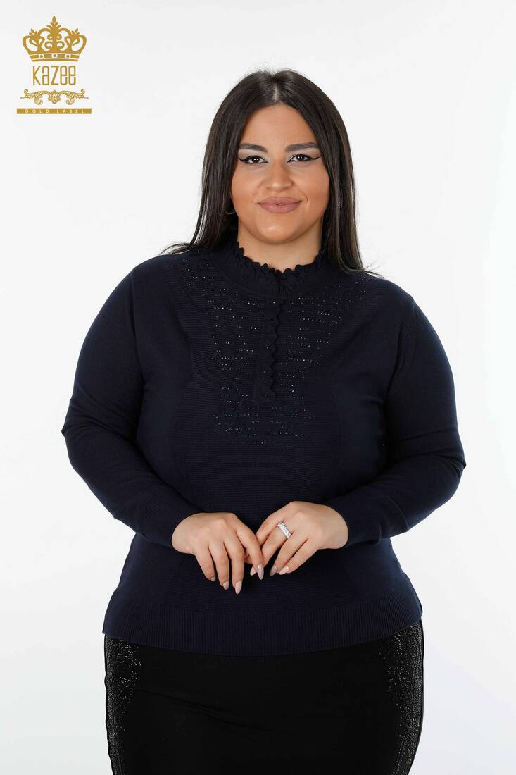 Женский трикотажный свитер с высоким воротником темно-синий - 14787 | КАZЕЕ