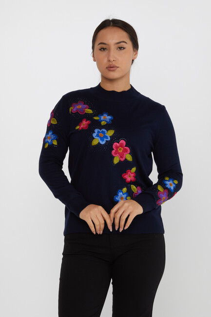 Женский трикотаж с цветочной вышивкой Stones Navy Blue - 31684 | КАZEE - Thumbnail