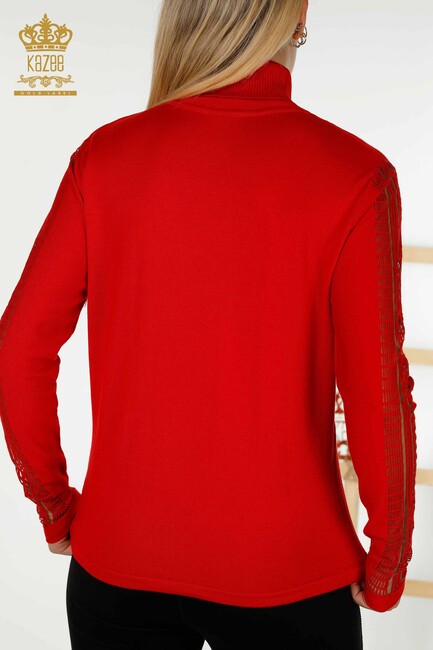 Женский трикотаж с рукавами из тюля с деталями красного цвета - 15195 | КАZЕЕ - Thumbnail
