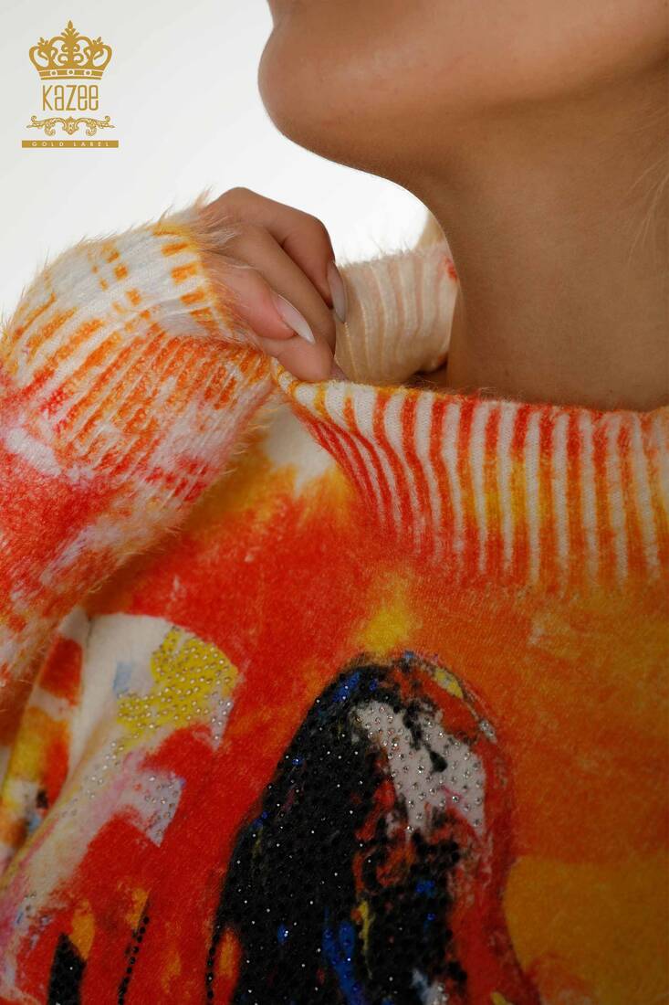 Женский трикотажный свитер из ангоры с рисунком оранжевого цвета - 18951 | КАZЕЕ