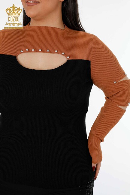 Женский трикотажный свитер двухцветный коричневый - 16235 | КАZЕЕ - Thumbnail