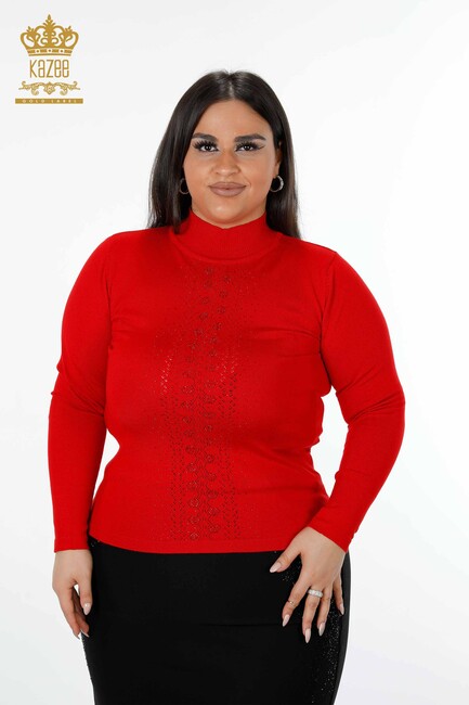 Женский трикотажный свитер с вышивкой камнями красный - 14125 | КАZЕЕ - Thumbnail