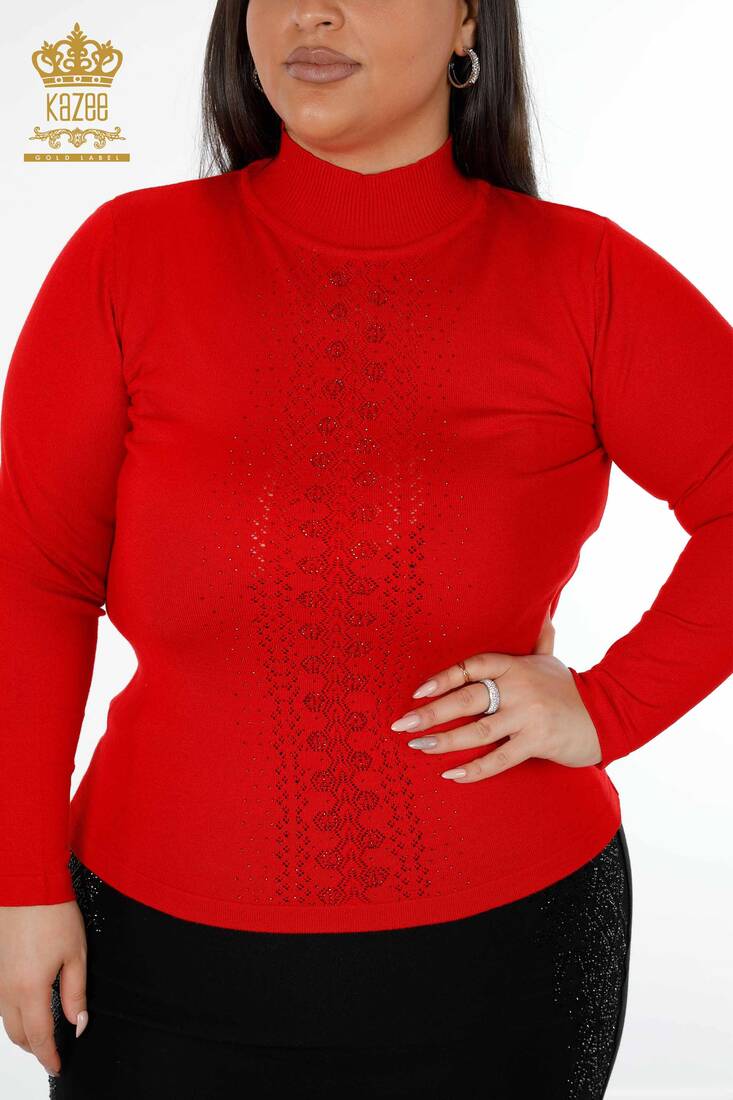 Женский трикотажный свитер с вышивкой камнями красный - 14125 | КАZЕЕ