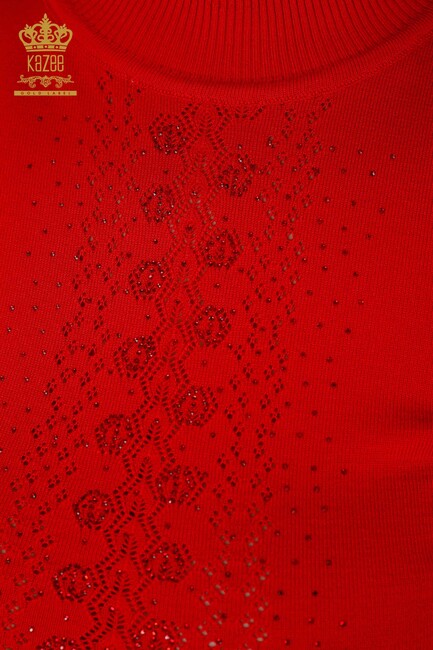 Женский трикотажный свитер с вышивкой камнями красный - 14125 | КАZЕЕ - Thumbnail
