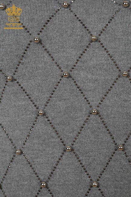 Женский трикотажный свитер с вышивкой камнями серый - 14761 | КАZЕЕ - Thumbnail